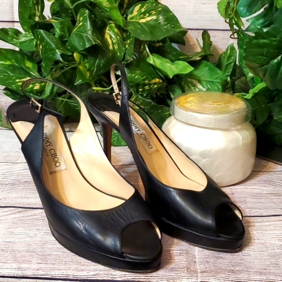 Jimmy Choo Black Leather Peeptoe Slingback Heels - Picture 2 of 16